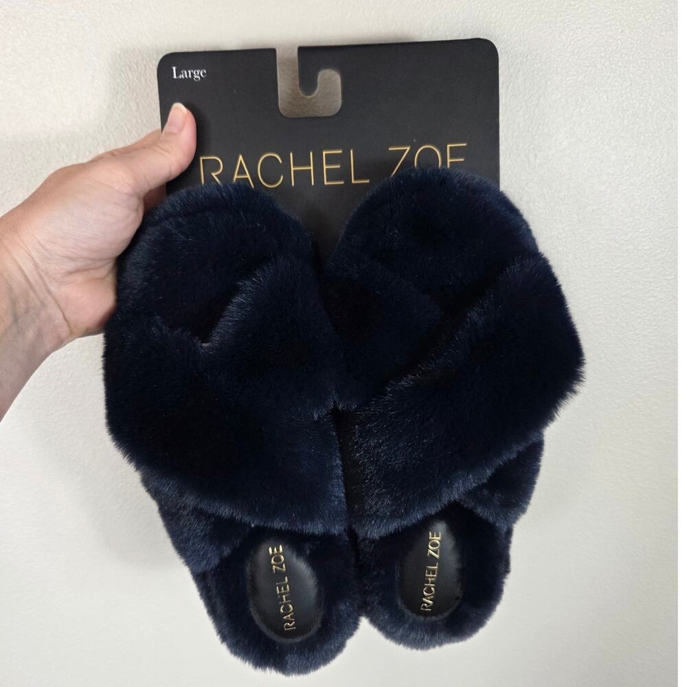 Rachel Zoe Woman's Cozy Criss-cross Faux Fur Slippers Navy Blue Large (8-9) NWT